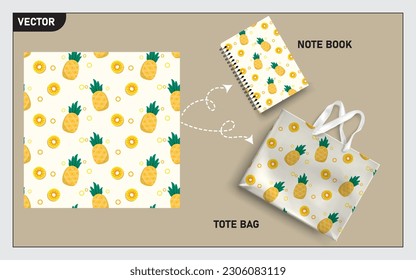 Mockup tote bag and note book with pineapple fruits, this pineapple fruit seamless pattern can usage for your mock up note book, tote bag,  wallpaper, texture, packaging product, etc.