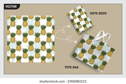 Mockup tote bag and note book with pineapple fruits, this pineapple fruit seamless pattern can usage for your mock up note book, tote bag,  wallpaper, texture, packaging product, etc.