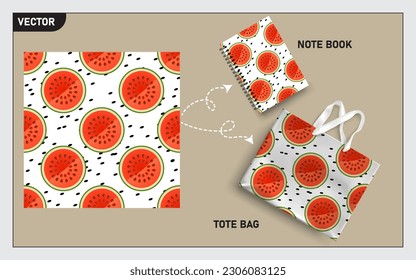 Mockup tote bag and note book with slice of watermelon seamless, this seamless pattern can usage for your mock up note book, tote bag,  wallpaper, texture, packaging product, etc.