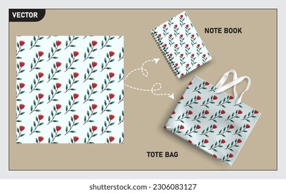 Mockup tote bag and note book with flower seamless, this seamless pattern can usage for your mock up note book, tote bag,  wallpaper, texture, packaging product, etc.