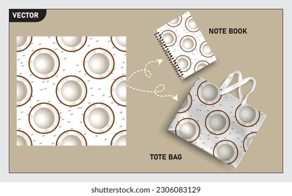 Mockup tote bag and note book with slice of coconut seamless, this seamless pattern can usage for your mock up note book, tote bag,  wallpaper, texture, packaging product, etc.