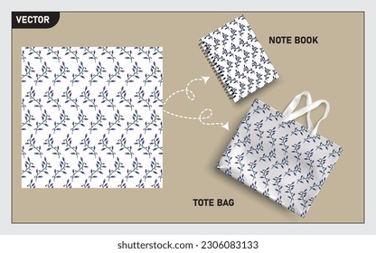 Mockup tote bag and note book with purple lavender, this lavender seamless pattern can usage for your mock up note book, tote bag,  wallpaper, texture, packaging product, etc.