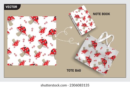 Mockup tote bag and note book with mushroom vector, this mushroom seamless pattern can usage for your mock up note book, tote bag,  wallpaper, texture, packaging product, etc.