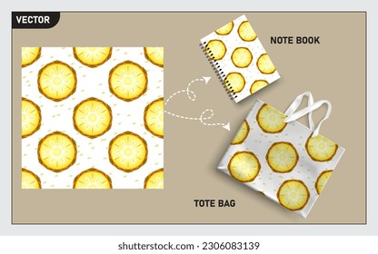 Mockup tote bag and note book with slice of pineapple seamless, this seamless pattern can usage for your mock up note book, tote bag,  wallpaper, texture, packaging product, etc.