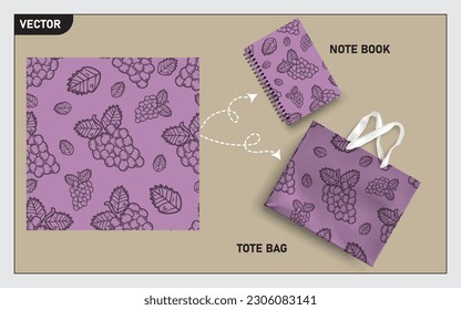 Mockup tote bag and note book with grape line art seamless, this seamless pattern can usage for your mock up note book, tote bag,  wallpaper, texture, packaging product, etc.