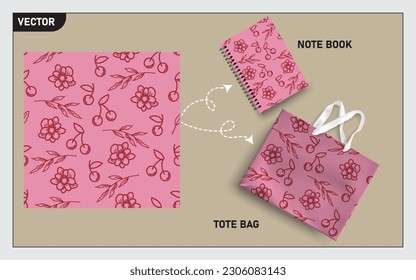 Mockup tote bag and note book with cherry and flower line art seamless, this seamless pattern can usage for your mock up note book, tote bag,  wallpaper, texture, packaging product, etc.