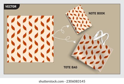 Mockup tote bag and note book with brown leaves, this leaves seamless pattern can usage for your mock up note book, tote bag,  wallpaper, texture, packaging product, etc.