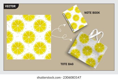 Mockup tote bag and note book with slice of lemon seamless, this seamless pattern can usage for your mock up note book, tote bag,  wallpaper, texture, packaging product, etc.