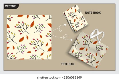 Mockup tote bag and note book with berry, leaves, flower, this seamless pattern can usage for your mock up note book, tote bag,  wallpaper, texture, packaging product, etc.