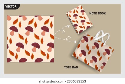 Mockup tote bag and note book with mushroom vector, this mushroom seamless pattern can usage for your mock up note book, tote bag,  wallpaper, texture, packaging product, etc.