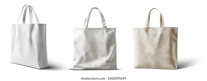 Mockup of tote bags in various shapes and handle lengths. Realistic 3D vector set of white cloth canvas eco shoppers. Blank fabric cotton or linen reusable grocery handbags, ideal for custom designs.