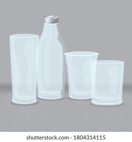 mockup, transparent glasses and bottle, transparent empty glasses vector illustration design