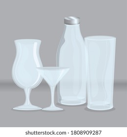 maquillaje, gafas transparentes vacías, tazas, botellas y vectores de vidrio diseño