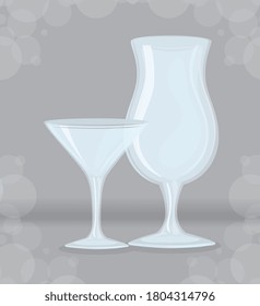 maquillaje, gafas transparentes, copas de vidrio vacías transparentes cócteles de ilustración vectorial diseño