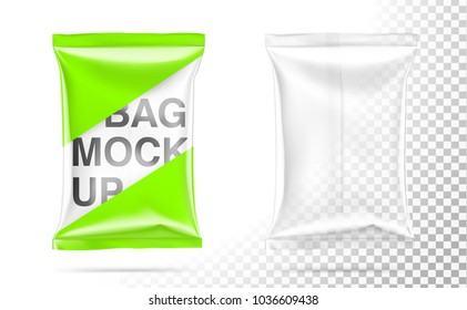 Mockup of transparent pillow bag. Vector illustration on white background. Can be use for template your design, promo, adv. EPS10