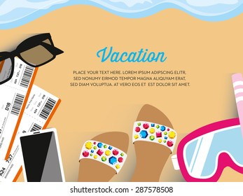 Mockup. travel elements on sand beach. Preparing for vacation. Booking vacation. design elements. Vector and illustration design.