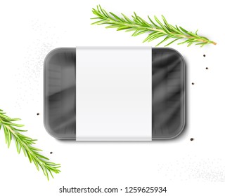 Mockup tray container with rosemary branch. Vector illustration on white background. Easy to use for presentation your product, idea, design. EPS 10.