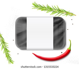 Mockup tray container with rosemary branch and chili pepper. Vector illustration on white background. Easy to use for presentation your product, idea, design. EPS 10.