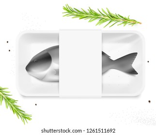 Mockup tray with wrap label and dorado, rosemary pepper, sea salt. Vector illustration isolated on white background. Easy to use for presentation your idea, product etc. EPS10.