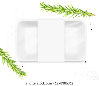 Mockup tray with wrap label and realistic rosemary, pepper, sea salt. Vector illustration isolated on white background. Easy to use for presentation your idea, product etc. EPS10.