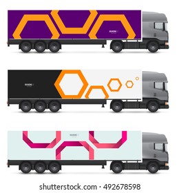 Mockup truck or van. Vehicles branding for advertising, business and corporate identity. Set of design templates for transport.