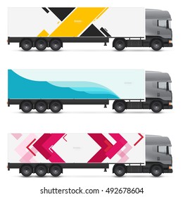 Mockup truck or van. Vehicles branding for advertising, business and corporate identity. Set of design templates for transport.