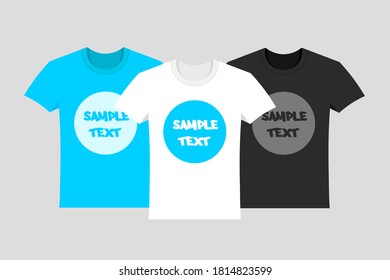 Die T-Shirts mit Platz für Ihr Design in einem flachen Stil. Sommerkleidung auf der Vorderseite. Vorlage von weißem, schwarz-blauem Hemd für Mann und Frau, männlich und weiblich, Junge und Mädchen.