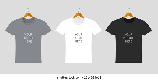 Mockup of t-shirts with place for your design in a flat style. Summer clothing in the front side hanging on hanger. Template of white, black and grey shirt for man and woman, male and female.