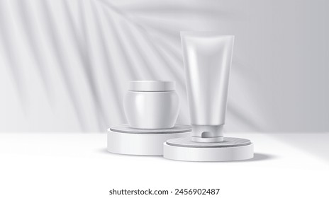 Mockup tube and jar on podium with shadow pattern realistic vector illustration. Cosmetic products containers 3d objects on white background