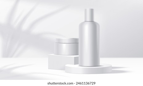 Mockup tube and jar on podium with shadow pattern realistic vector illustration. Cosmetic products containers 3d objects on white background