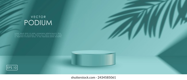 Mockup of a turquoise podium with shadow from palm branches. Studio showroom pedestal, showcase mockup stage. 3d vector podium for product presentation.