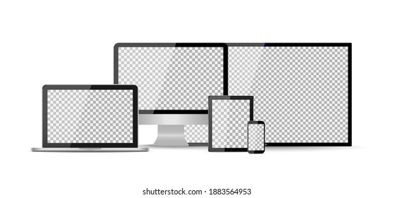 Montaje de televisión, ordenador, teléfono, portátil, tablet con pantallas digitales. Dispositivos aislados en el fondo blanco. Moderno burla inteligente y realista de pc. Monitores a la cabeza para televisión e internet. Televisión Hdtv. Vector.