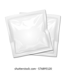 Mockup Two Blank Filled Retort Foil Flexible Pouch Sachet Bags Packaging. Medicine Drugs, Condoms, Food Product. Illustration Isolated On White Background. Mock Up Template Ready For Your Design. 
