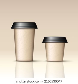 Mockup of two brown paper coffee cups with lids for take away. 3D realistic cups template for logo design. Paper mugs for hot drinks. Take out concept.