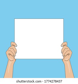 mockup two hand holding a plain paper vector with blue background