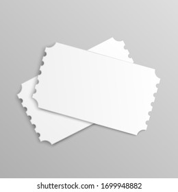 Mockup of two paper white blank tickets or cardboard coupon, realistic vector illustration isolated on grey background. Movie or theater entrance pass template.