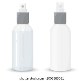 Mockup two plastic sprayer bottle transparent and white for liquid gel, soap, lotion, cream, shampoo, bath foam and other cosmetics, isolated on a white background, flat design