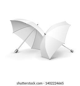 Mockup Two Promotional Advertising White Umbrella Parasol. Mock Up, Template. Illustration Isolated On White Background. Ready For Your Design. Product Advertising. Vector EPS10