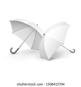 Mockup Two Promotional Advertising White Umbrella Parasol. Mock Up, Template. Illustration Isolated On White Background. Ready For Your Design. Product Advertising. Vector EPS10