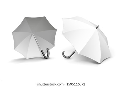 Mockup Two Promotional Advertising White Umbrella Parasol. Mock Up, Template. Illustration Isolated On White Background. Ready For Your Design. Product Advertising. Vector EPS10