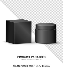 Mockup with two realistic black matte containers for product presentation. Square and cylindrical packages. 3D blank paper box and cylinder tube template for your design. Cream jar with packaging