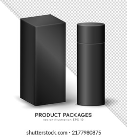 Mockup with two realistic black matte containers for product presentation. Rectangular and cylindrical packages. 3D blank paper box and cylinder tube template for your design. 