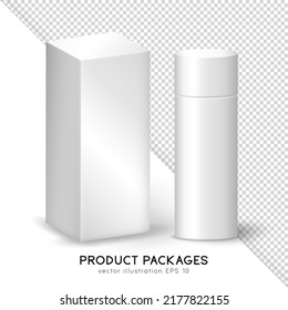 Mockup with two realistic white matte containers for product presentation. Rectangular and cylindrical packages. 3D blank paper box and cylinder tube template for your design. 