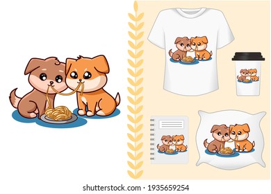 Mockup, two small dogs eating dumplings together