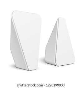 Mockup Two Stand Banner Stall Bar Display. Triangle Rounded POI Blank Empty Retail. On White Background Isolated. Mock Up Template Ready For Your Design. Product Advertising Vector 