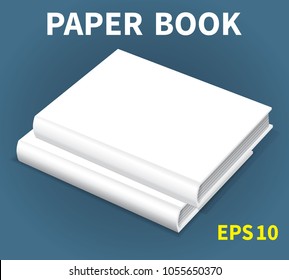 A mock-up of two white books lying on a table. One on the other. Hardcover. Ready to insert any text or image. Isolated on a blue background. Vector illustration.