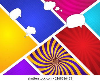 Mock-Up Of Typical Comic Book Page With Various Speech Bubbles On Colorful Background.
