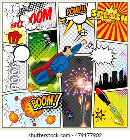 Mock-up of a typical comic book page. Vector Comics Pop art Superhero concept blank layout template with clouds beams, speech bubbles isolated. Speech bubles, symbols on colored Halftone Backgrounds