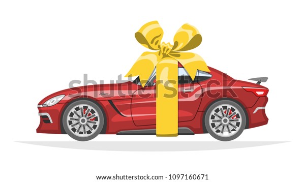 Mockup unique concept red sports car coupe gift\
for present with yellow bow and ribbon. The ability to easily\
change the color.