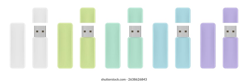 Mockup of usb flash drive. White, green, purple and blue gadgets. Open and closed cap. Storage device	